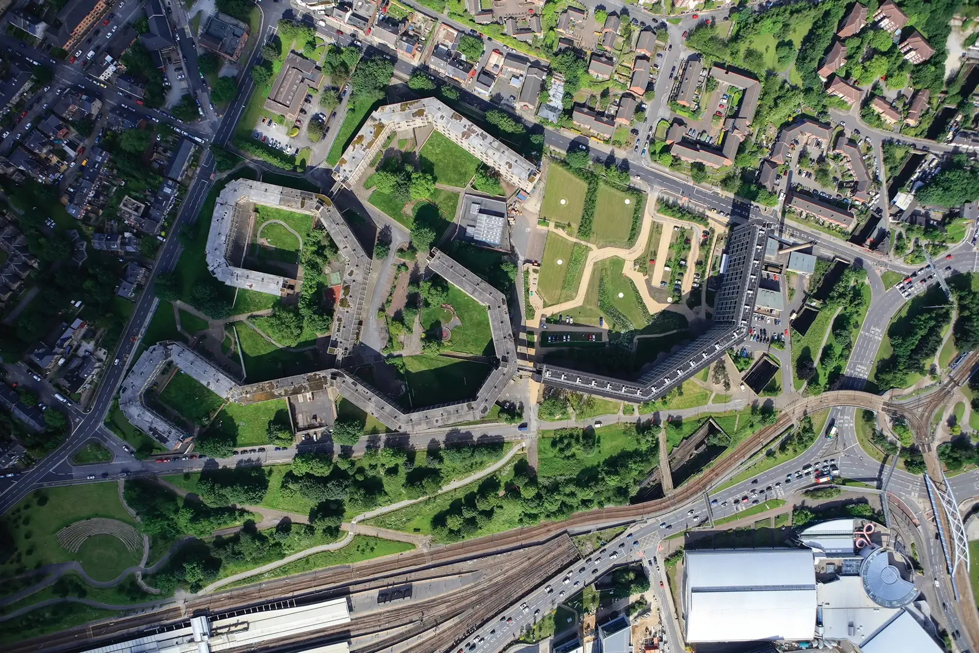 Aerial view of a Places for People development — homes arranged around green shared space